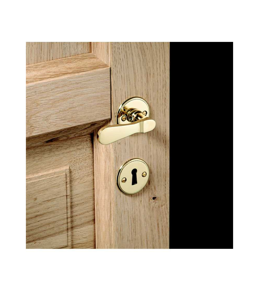 Duck bill brass door lever handle set on round rose