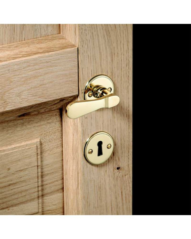 Duck bill brass door lever handle set on round rose
