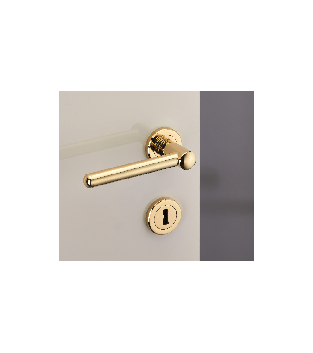 Modern brass door handle set on round rose