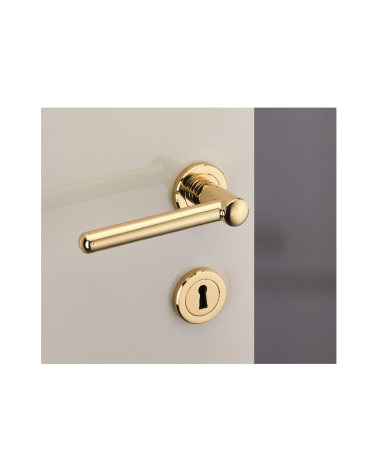 Modern brass door handle set on round rose