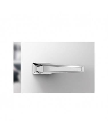 Prisme polished chrome door handle designer handle front view mounted on an open door