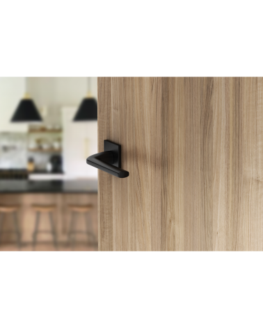 Black Scandi Slim door handle design handle top angled view mounted on an open door