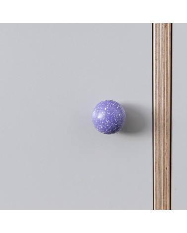 Beech wood furniture knob in lavender/white Mix designer handle front view mounted on furniture