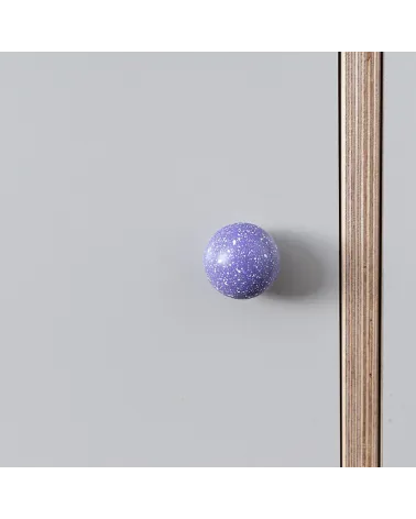 Beech wood furniture knob in lavender/white Mix designer handle front view mounted on furniture