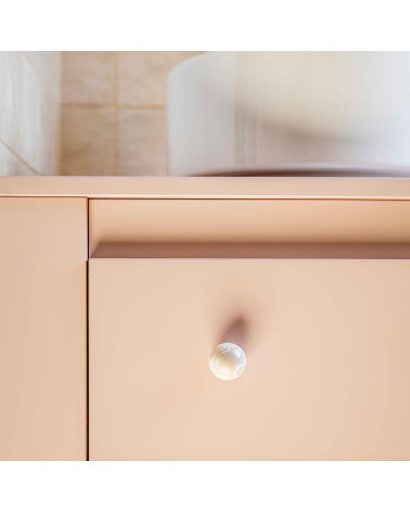 Grey beech wood furniture knob designer handle close-up front view mounted on a cabinet