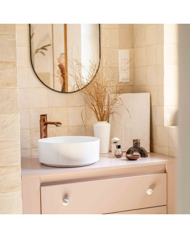 Grey beech wood furniture knob designer handle installed on a bathroom cabinet