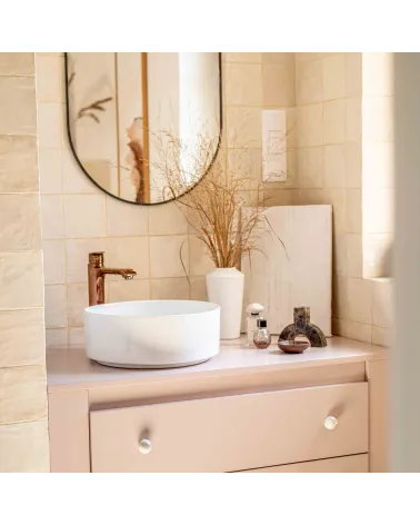 Grey beech wood furniture knob designer handle installed on a bathroom cabinet