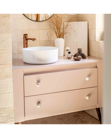 Grey beech wood furniture knob designer handle installed on drawer fronts