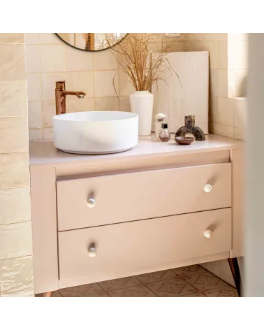 Grey beech wood furniture knob designer handle installed on drawer fronts