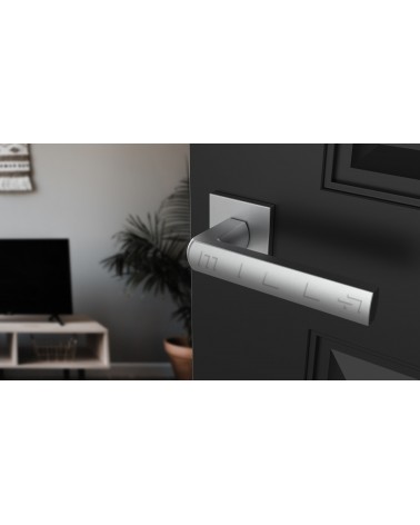 HOSTA door handle design ironmongery colour 4 angled view mounted on a door