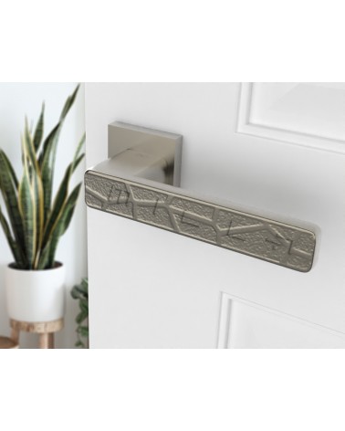 Volare satin nickel door handle designer handle angled view