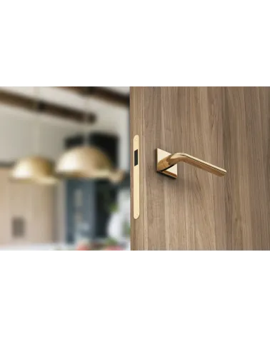 Scandi slim square plate door handle designer ironmongery bottom view mounted on a door