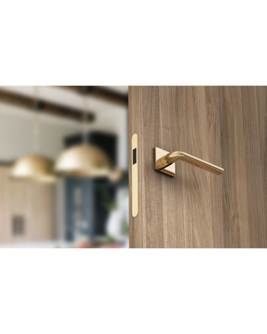 Scandi slim square plate door handle designer ironmongery bottom view mounted on a door