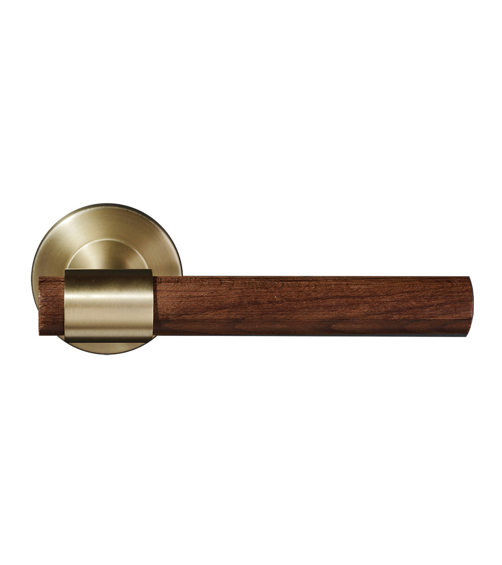 Dark treated natural beech wood door handle with matt gold finish - Iraty