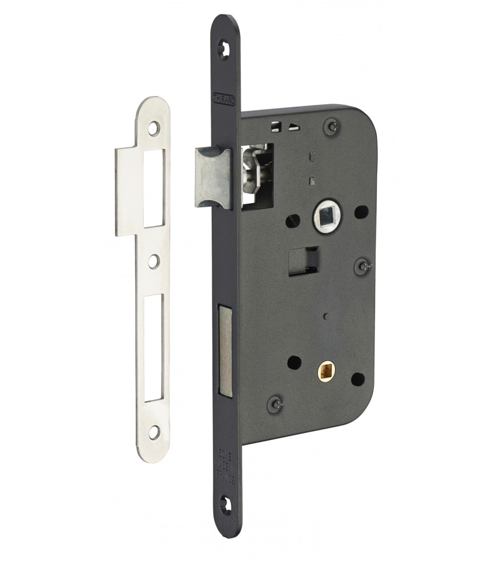 Thirard black mortice lock NF black steel faceplate, 50mm axis, 70mm centre distance, for WC or bathroom