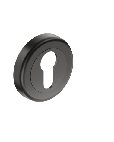 Black door rosette with keyhole i CO R OB design handle angled view