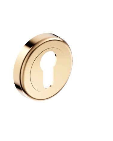 Keyhole door rosette i polished gold CO R OB designer handle angled view