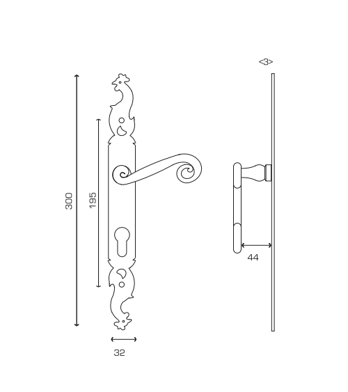 Black iron door handles on long backplate bedroom key