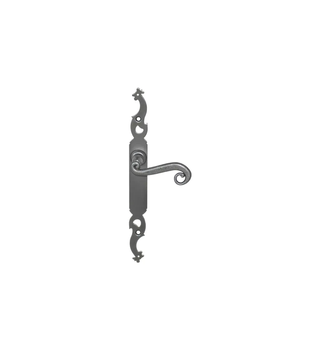 Patinated iron door handles on longitudinal plate - Coq