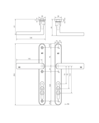 Secured exterior door handle narrow plate 1930 black