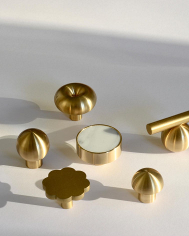 Brass furniture knob Flower 08 designer handle top view with other knobs