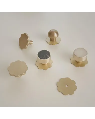 Brass furniture knob Flower 08 designer handle top view arranged in a circle