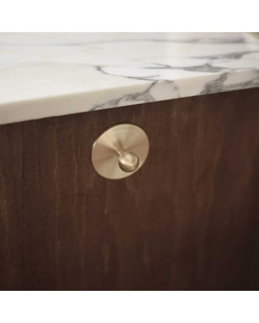 Brass Ball furniture knob design handle angled view with washer mounted on furniture