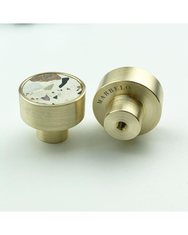 Brass and Terrazzo furniture knob designer handle front view placed side by side