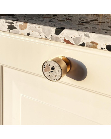Brass and Terrazzo furniture knob designer handle angled view mounted on furniture