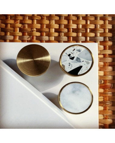 Brass and Terrazzo furniture knob designer handle placed side by side