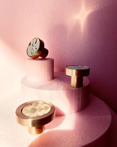 Brass and marine herbarium furniture knob designer handle showcased on a pink display stand