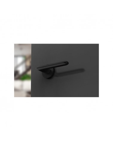 Black Spark designer door handle bottom view mounted on a door
