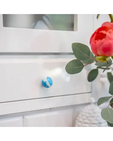 Azure Blue beech wood furniture knob designer handle fixed on a drawer with a rose on top