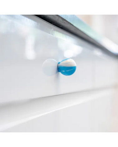 Azure Blue beech wood furniture knob designer handle side view mounted on a piece of furniture