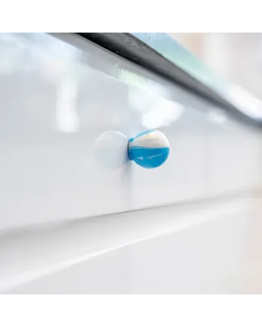 Azure Blue beech wood furniture knob designer handle side view mounted on a piece of furniture