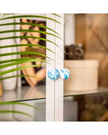 Azure Blue beech wood furniture knob designer handle front view installed on a glass door