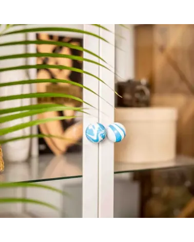 Azure Blue beech wood furniture knob designer handle front view installed on a glass door