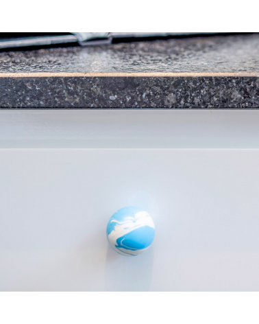 Azure Blue beech wood furniture knob designer handle front view mounted on a piece of furniture