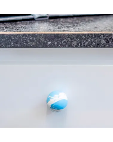 Azure Blue beech wood furniture knob designer handle front view mounted on a piece of furniture