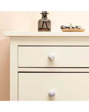 Lavender beech wood furniture knob designer handle front view mounted on a pink piece of furniture