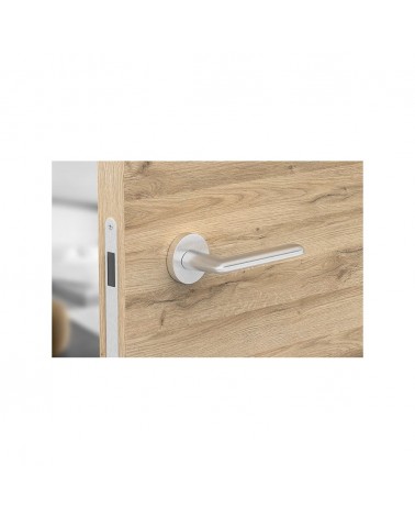 Satin chrome Spark designer door handle top view mounted on a door
