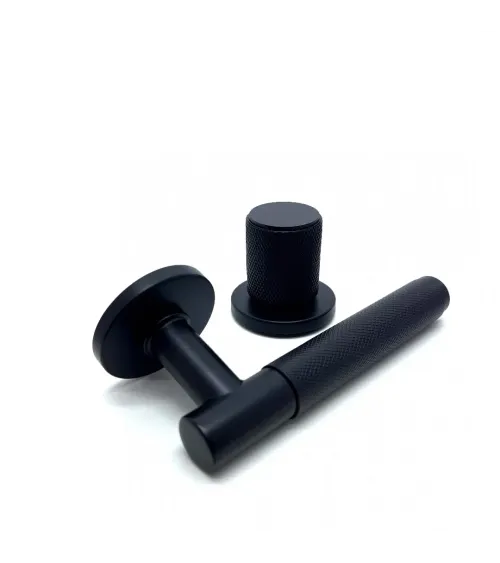 Asymmetric duo textured black Time designer door handle and knob aligned horizontally