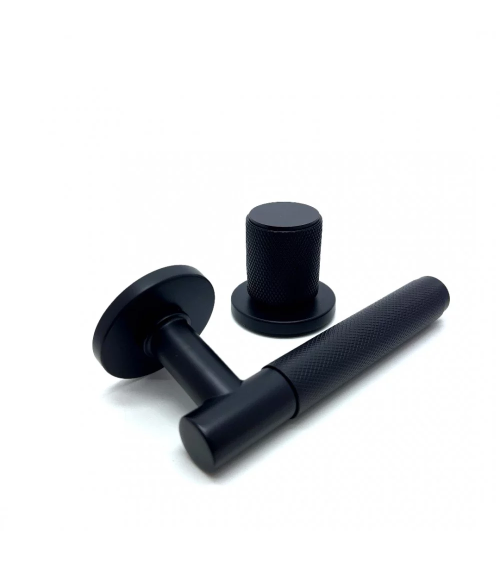 Asymmetric duo textured black Time designer door handle and knob aligned horizontally