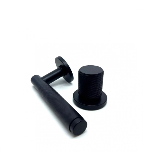 Asymmetric duo textured black Time designer door handle and knob aligned horizontally