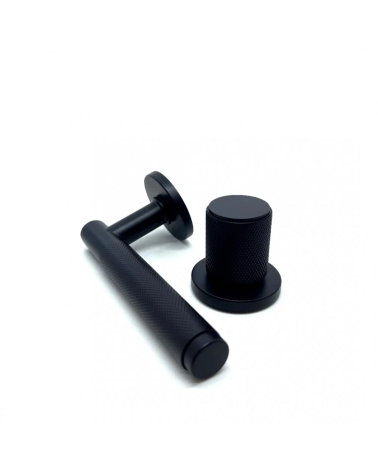 Asymmetric duo textured black Time designer door handle and knob presented side by side