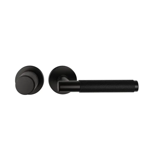 Asymmetric duo textured black Time designer door handle and knob aligned horizontally