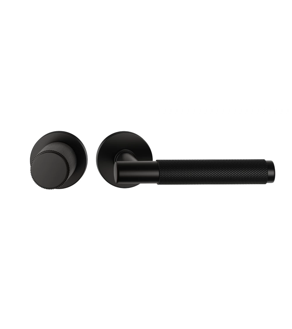 Asymmetric duo textured black Time designer door handle and knob aligned horizontally