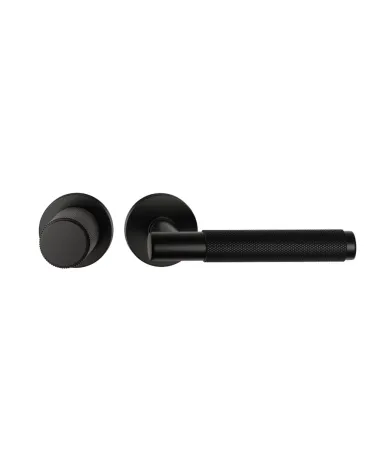 Asymmetric duo textured black Time designer door handle and knob aligned horizontally