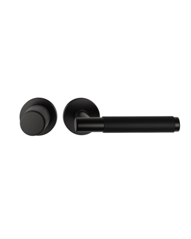 Asymmetric duo textured black Time designer door handle and knob aligned horizontally