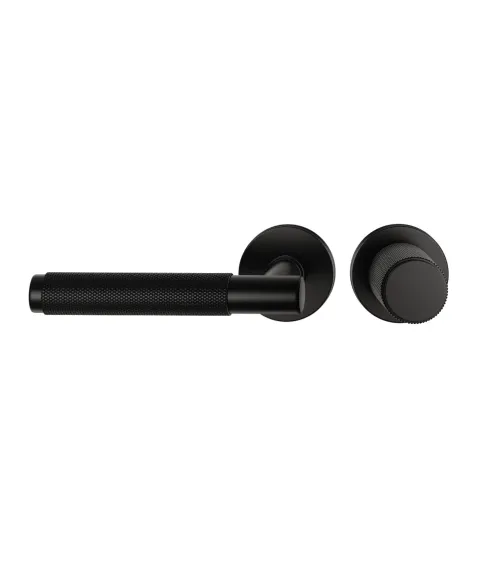 Asymmetric duo textured black Time designer door handle and knob aligned horizontally